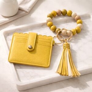 Yellow Wristlet Card Holder Keychain with Tassel